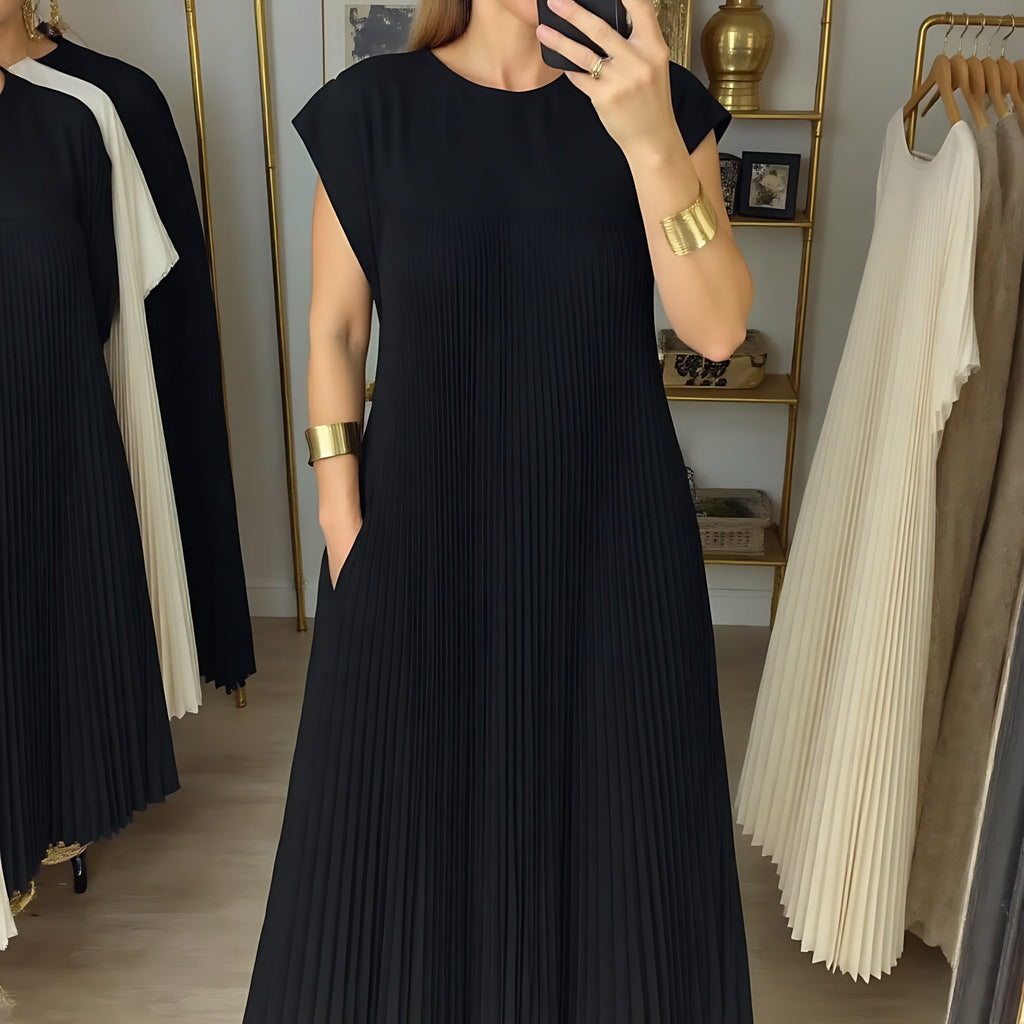 Pleated crew neck maxi dress with cap sleeves and side pockets - view 13