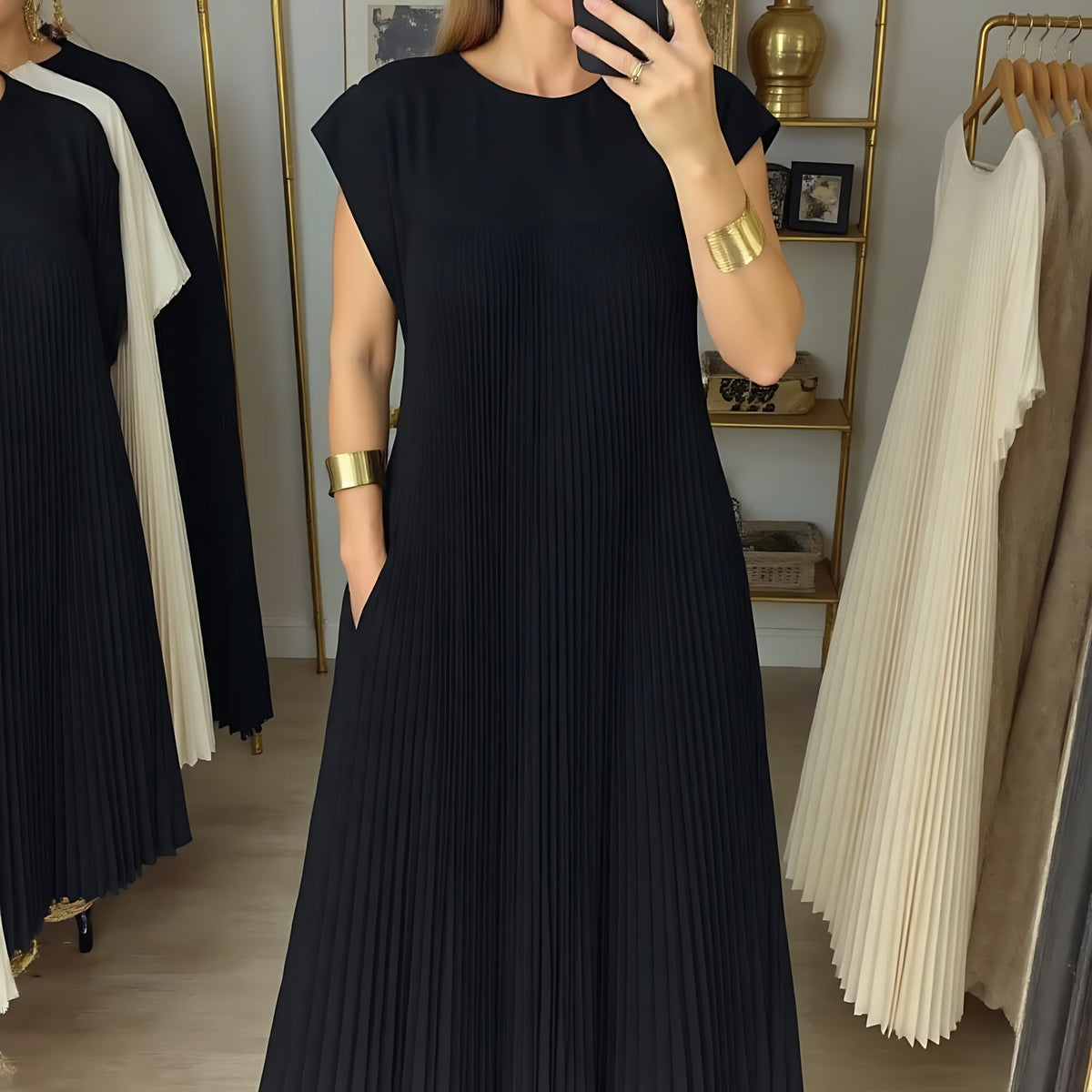Pleated crew neck maxi dress with cap sleeves and side pockets - view 13