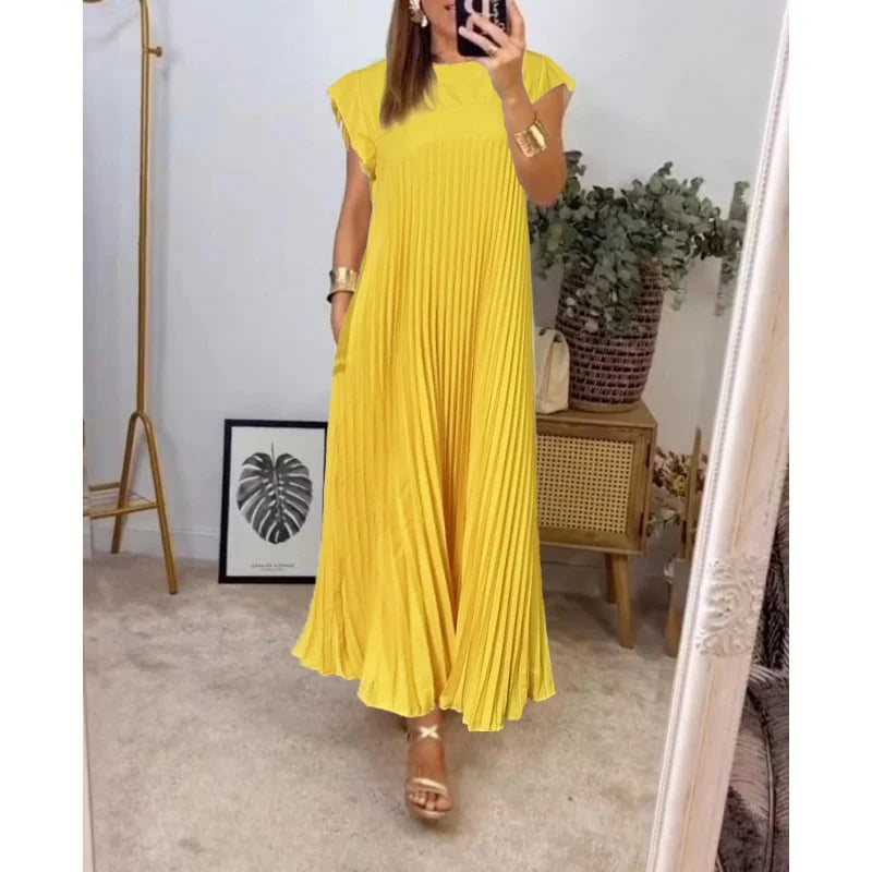 Pleated crew neck maxi dress with cap sleeves and side pockets - view 15