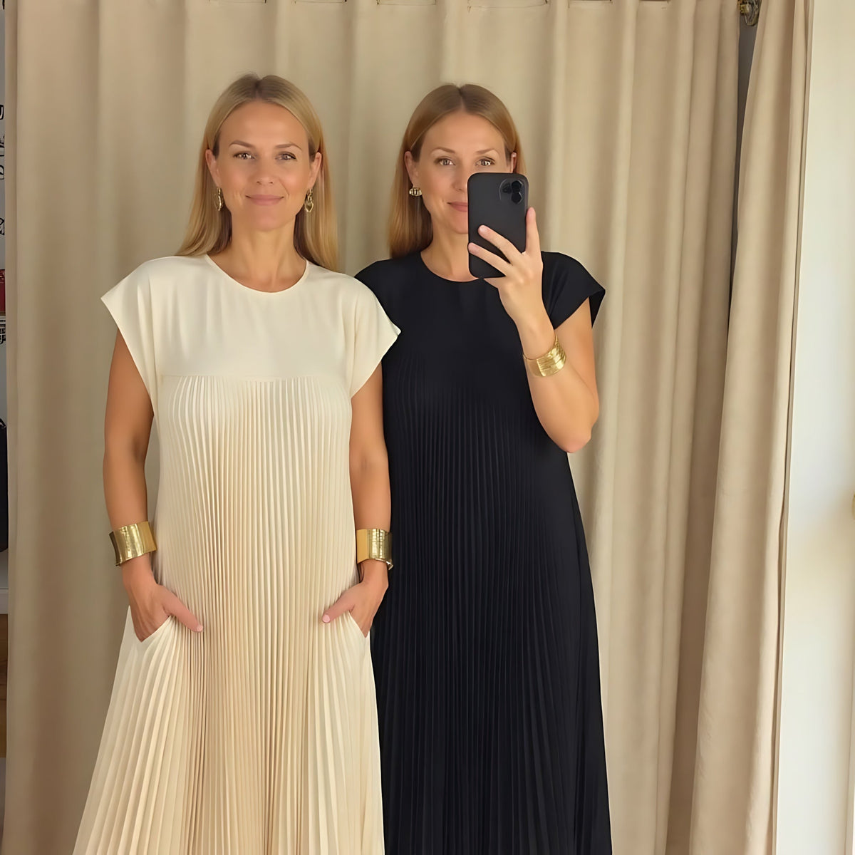 Pleated crew neck maxi dress with cap sleeves and side pockets - view 16