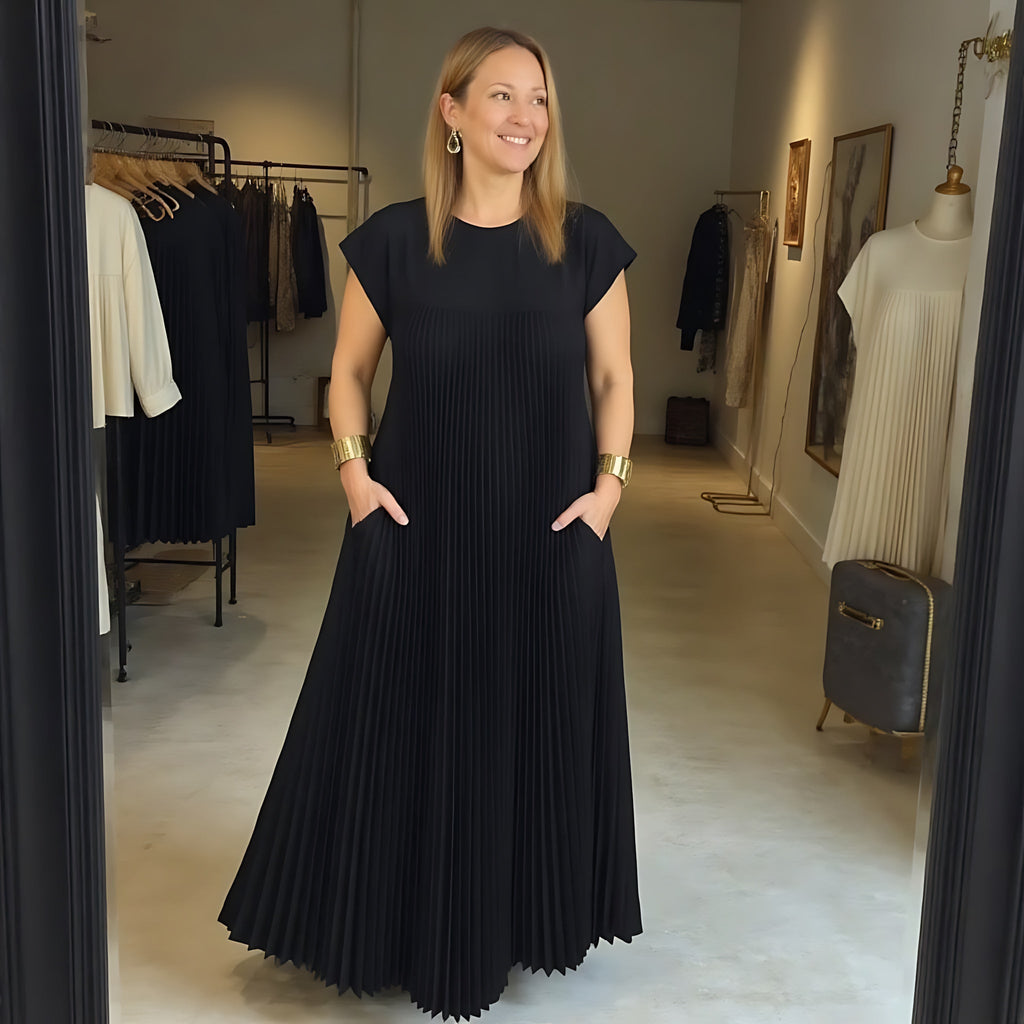 Pleated crew neck maxi dress with cap sleeves and side pockets - view 18
