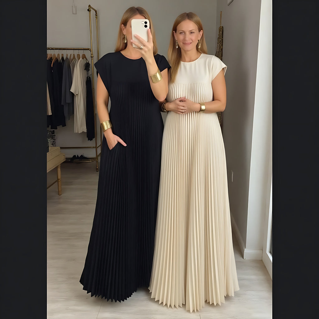 Pleated crew neck maxi dress with cap sleeves and side pockets - view 20