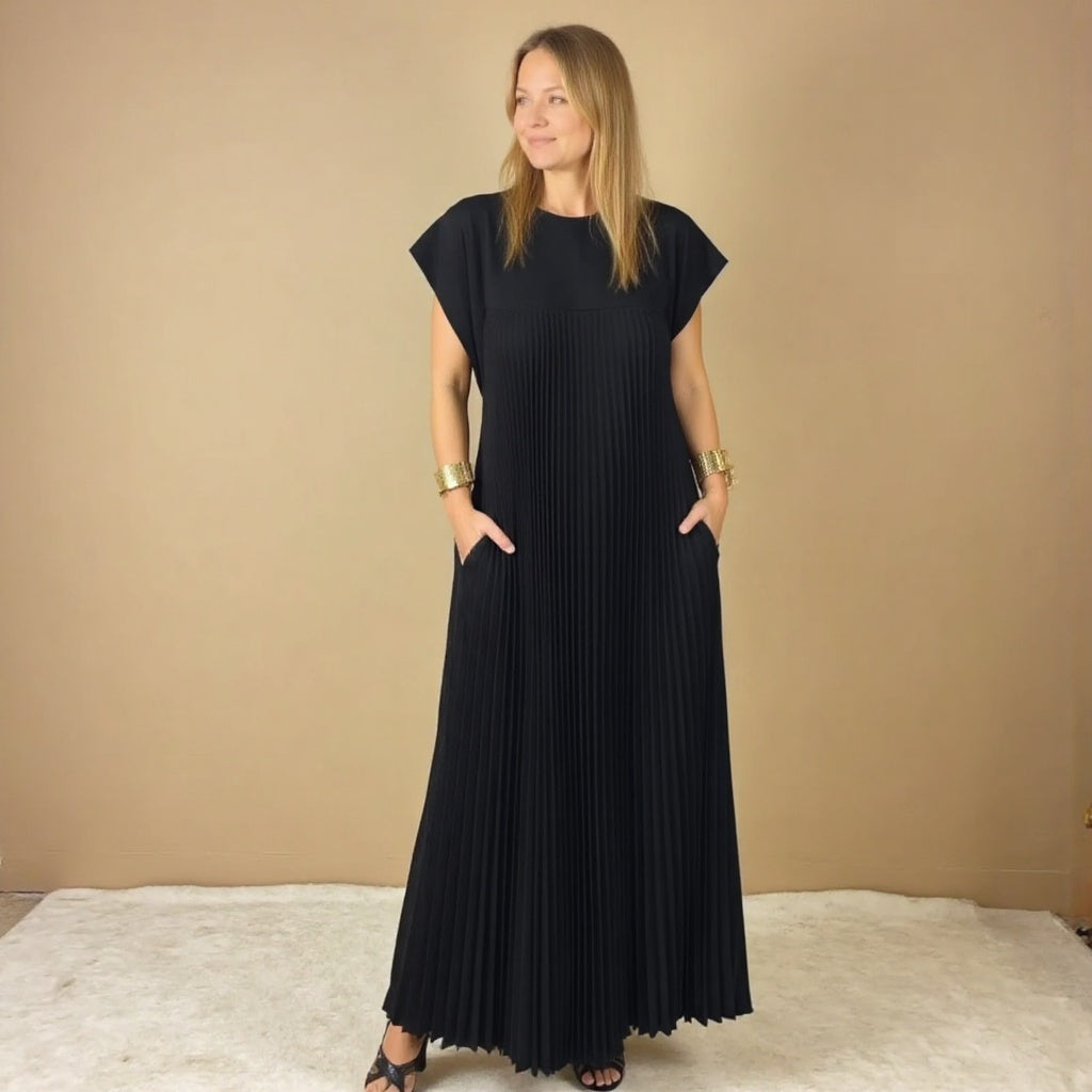Pleated crew neck maxi dress with cap sleeves and side pockets - view 22
