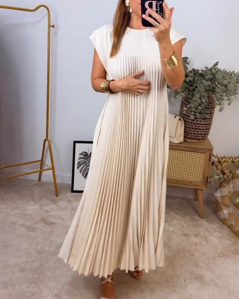 Pleated crew neck maxi dress with cap sleeves and side pockets - view 26