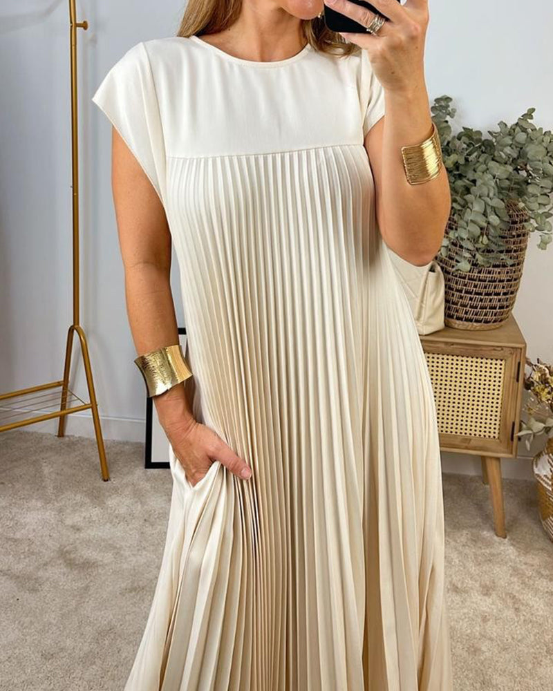 Pleated crew neck maxi dress with cap sleeves and side pockets - view 5