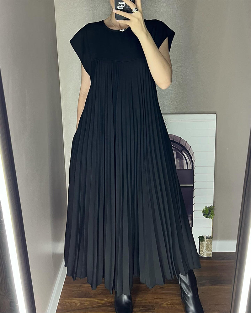 Pleated crew neck maxi dress with cap sleeves and side pockets - view 8