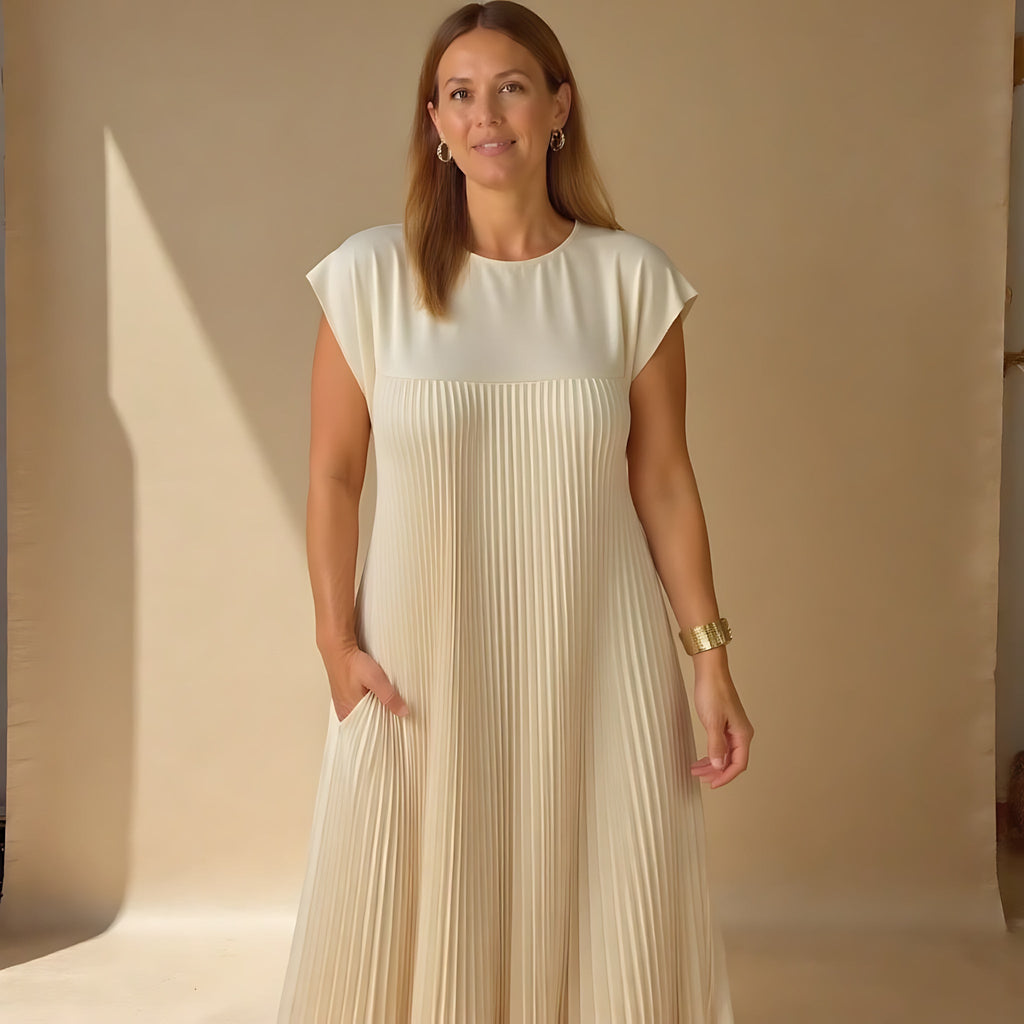 Pleated crew neck maxi dress with cap sleeves and side pockets - view 9