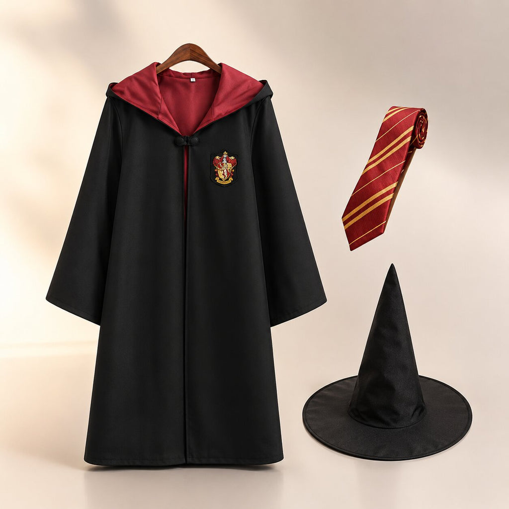 Black hooded wizard robe with contrast house-color hood and crest patch