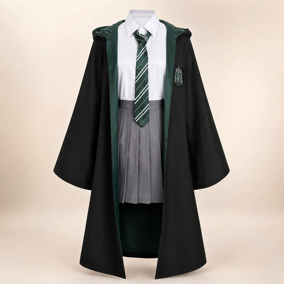 Black hooded wizard robe with contrast house-color hood and crest patch - view 2