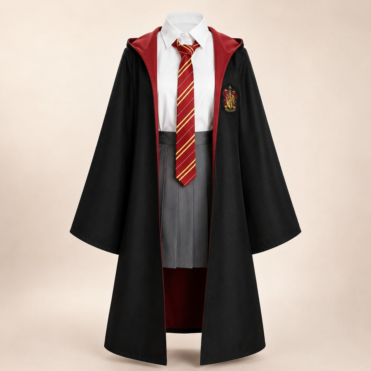 Black hooded wizard robe with contrast house-color hood and crest patch - view 3