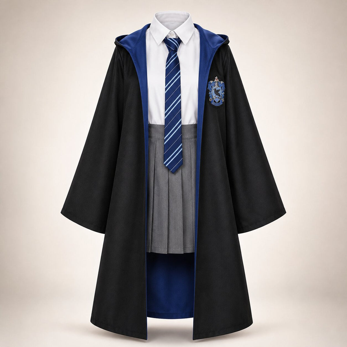 Black hooded wizard robe with contrast house-color hood and crest patch - view 4