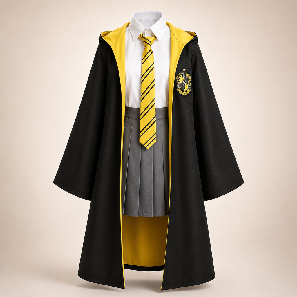 Black hooded wizard robe with contrast house-color hood and crest patch - view 5