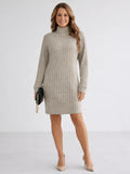 Beige ribbed turtleneck sweater dress with long sleeves, above-knee length