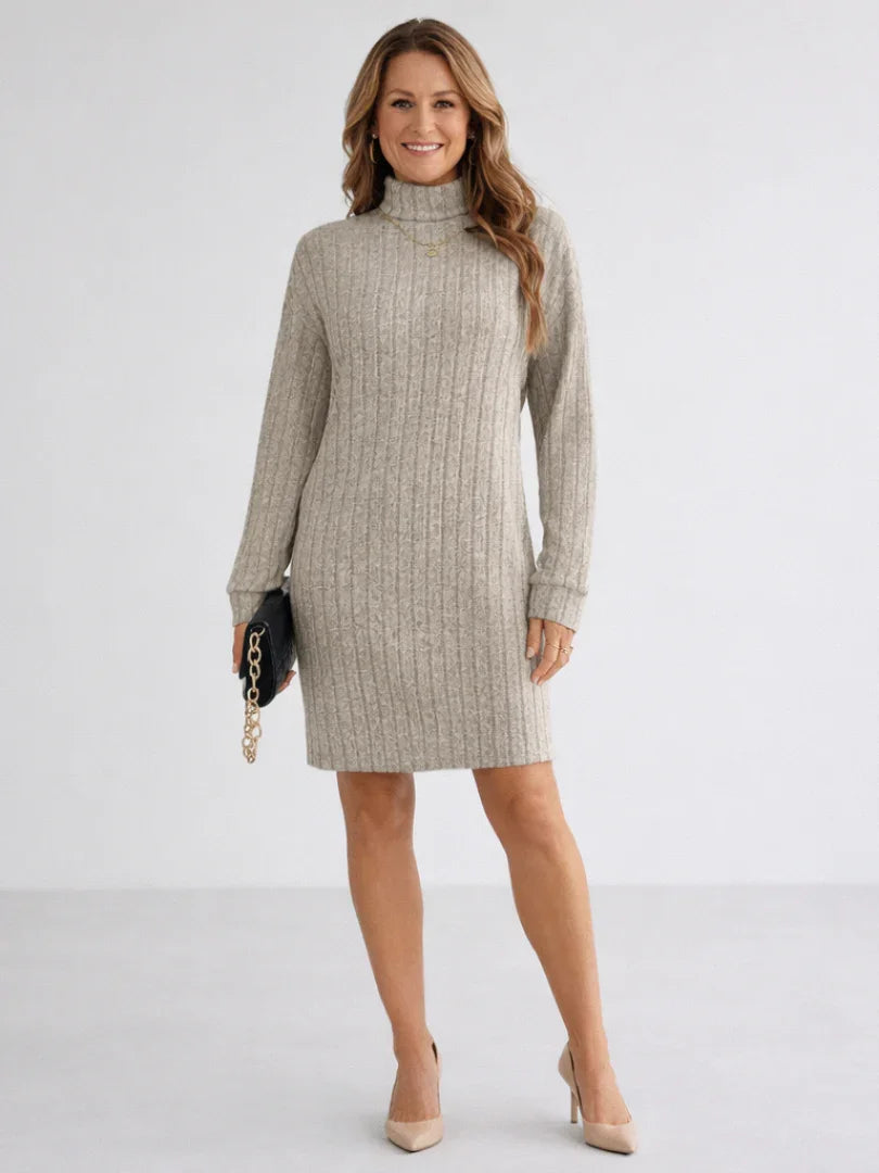Beige ribbed turtleneck sweater dress with long sleeves, above-knee length
