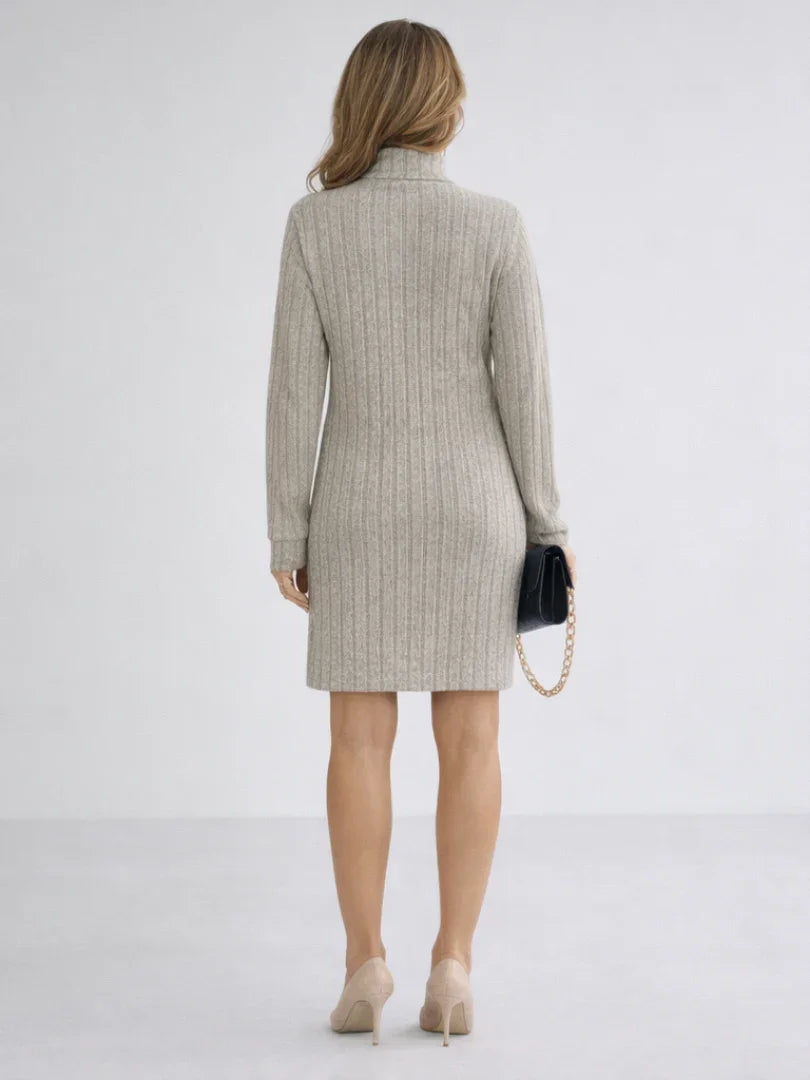 Beige ribbed turtleneck sweater dress with long sleeves, above-knee length - view 3