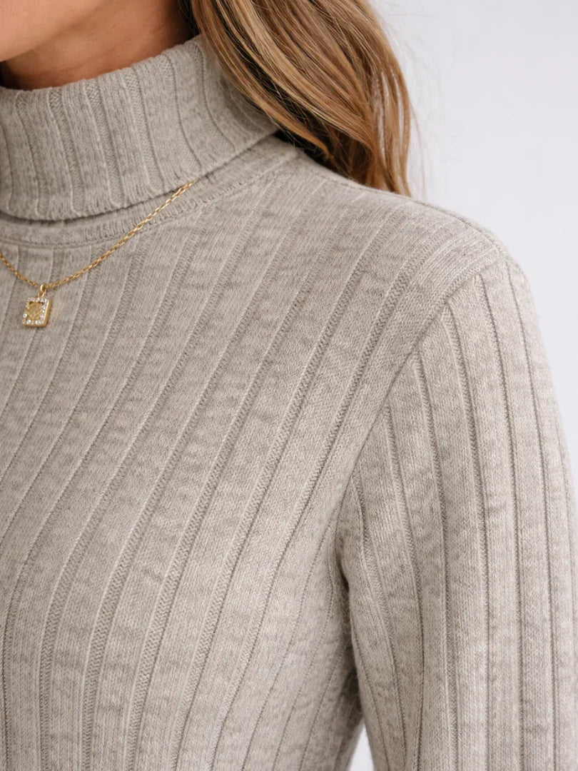 Beige ribbed turtleneck sweater dress with long sleeves, above-knee length - view 4