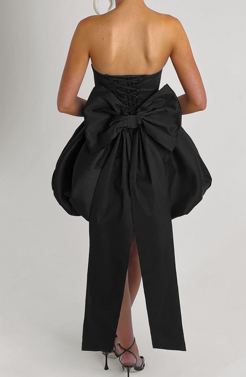 Corset mini dress with bubble skirt and long trailing back bow - view 10