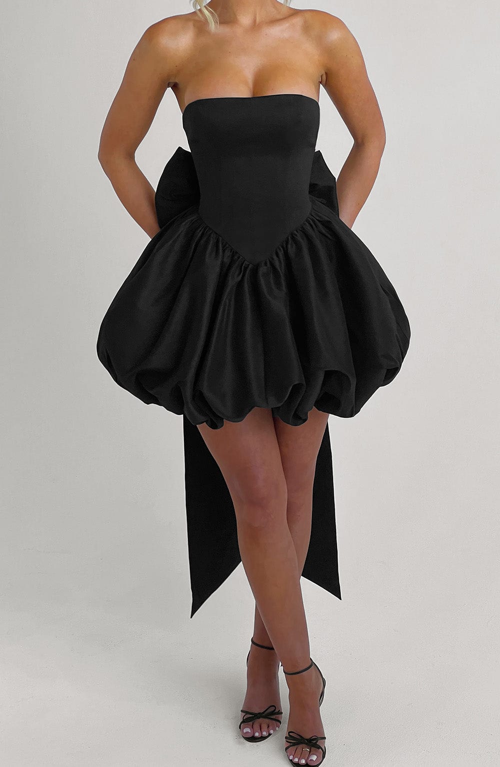 Corset mini dress with bubble skirt and long trailing back bow - view 11