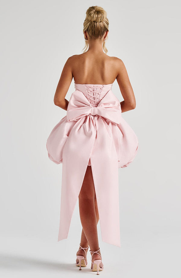 Corset mini dress with bubble skirt and long trailing back bow - view 13