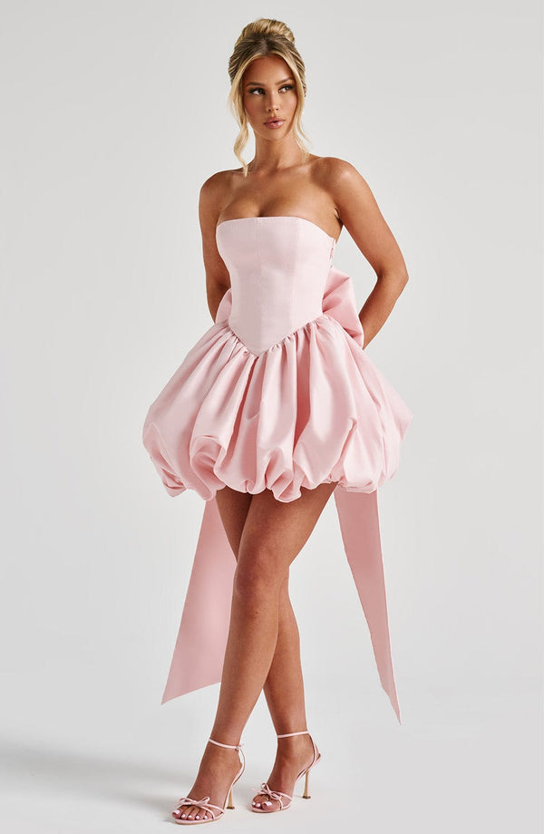 Corset mini dress with bubble skirt and long trailing back bow - view 15