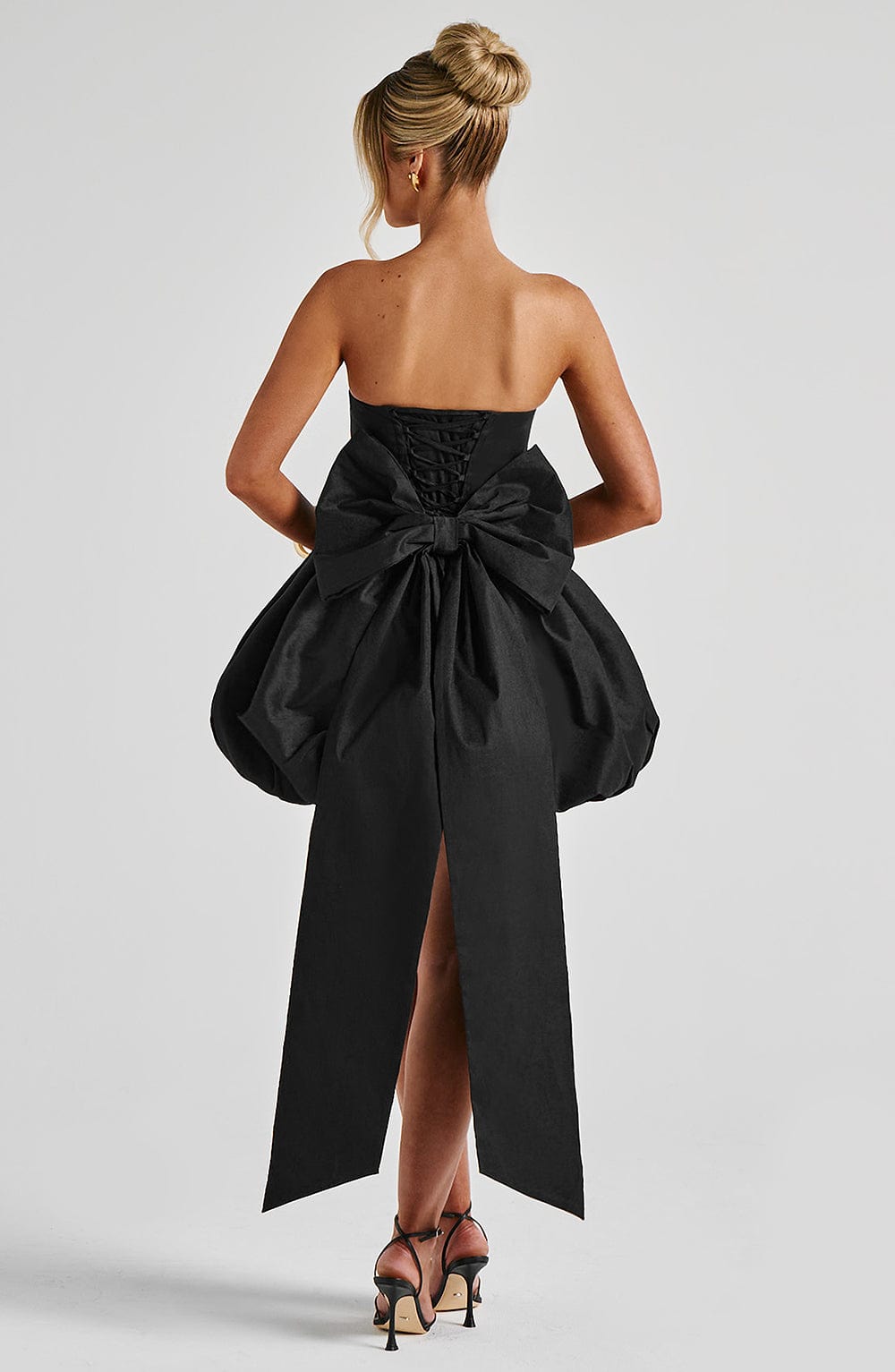 Corset mini dress with bubble skirt and long trailing back bow - view 2