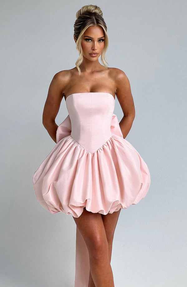 Corset mini dress with bubble skirt and long trailing back bow - view 20