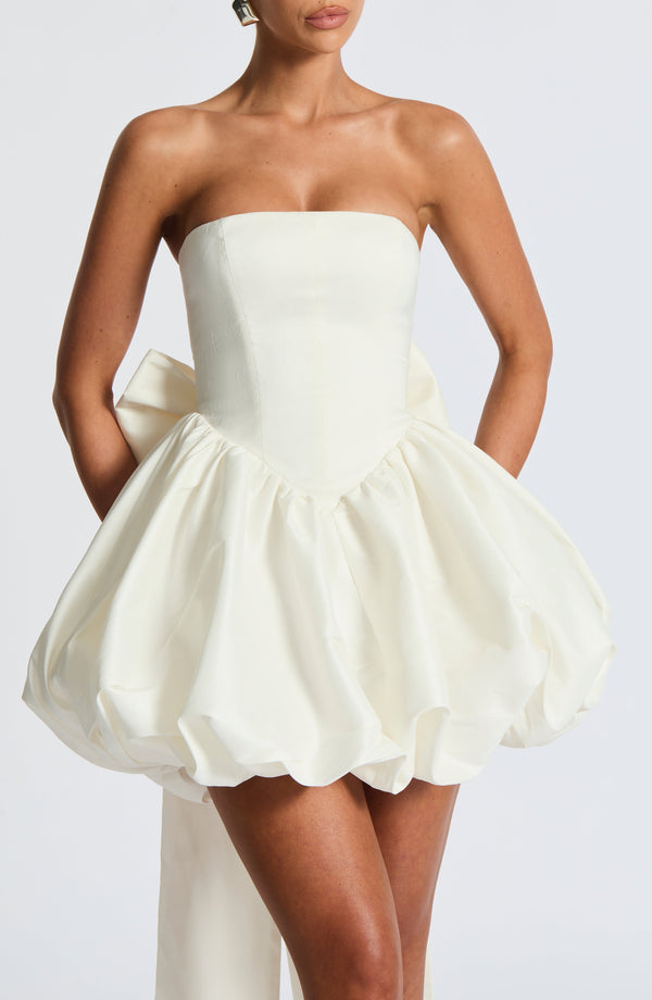 Corset mini dress with bubble skirt and long trailing back bow - view 26