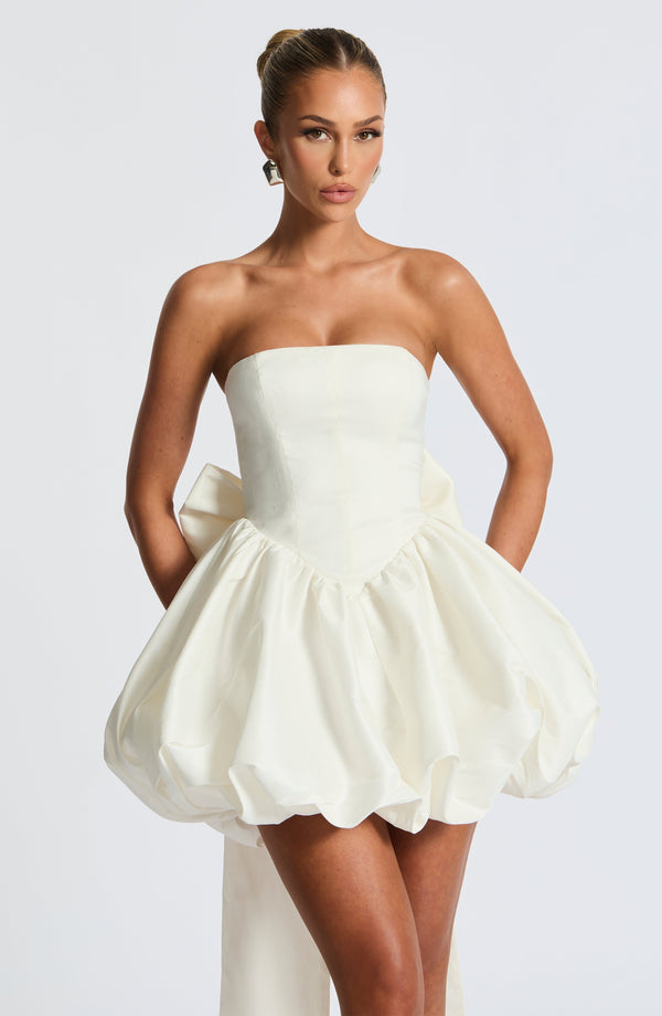 Corset mini dress with bubble skirt and long trailing back bow - view 27