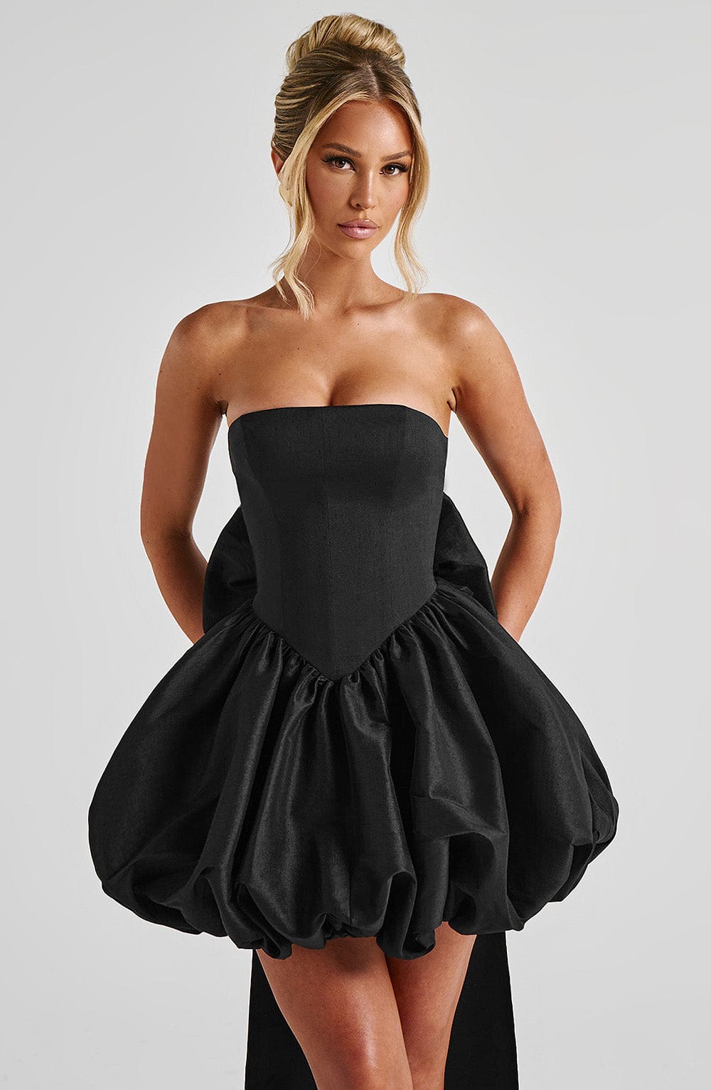 Corset mini dress with bubble skirt and long trailing back bow - view 5