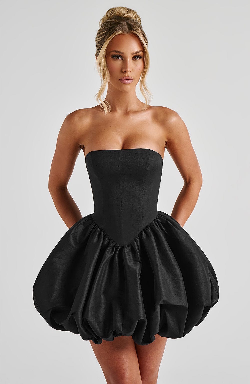 Corset mini dress with bubble skirt and long trailing back bow - view 8