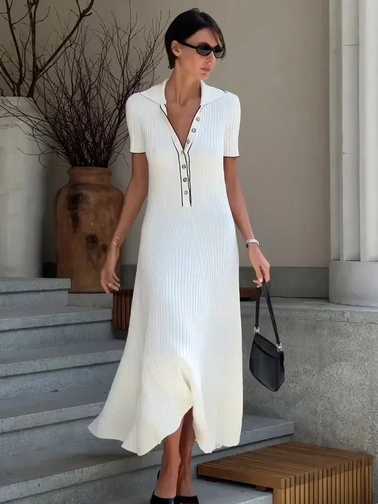Ribbed knit polo maxi dress with button placket, contrast trim and flared A-line skirt