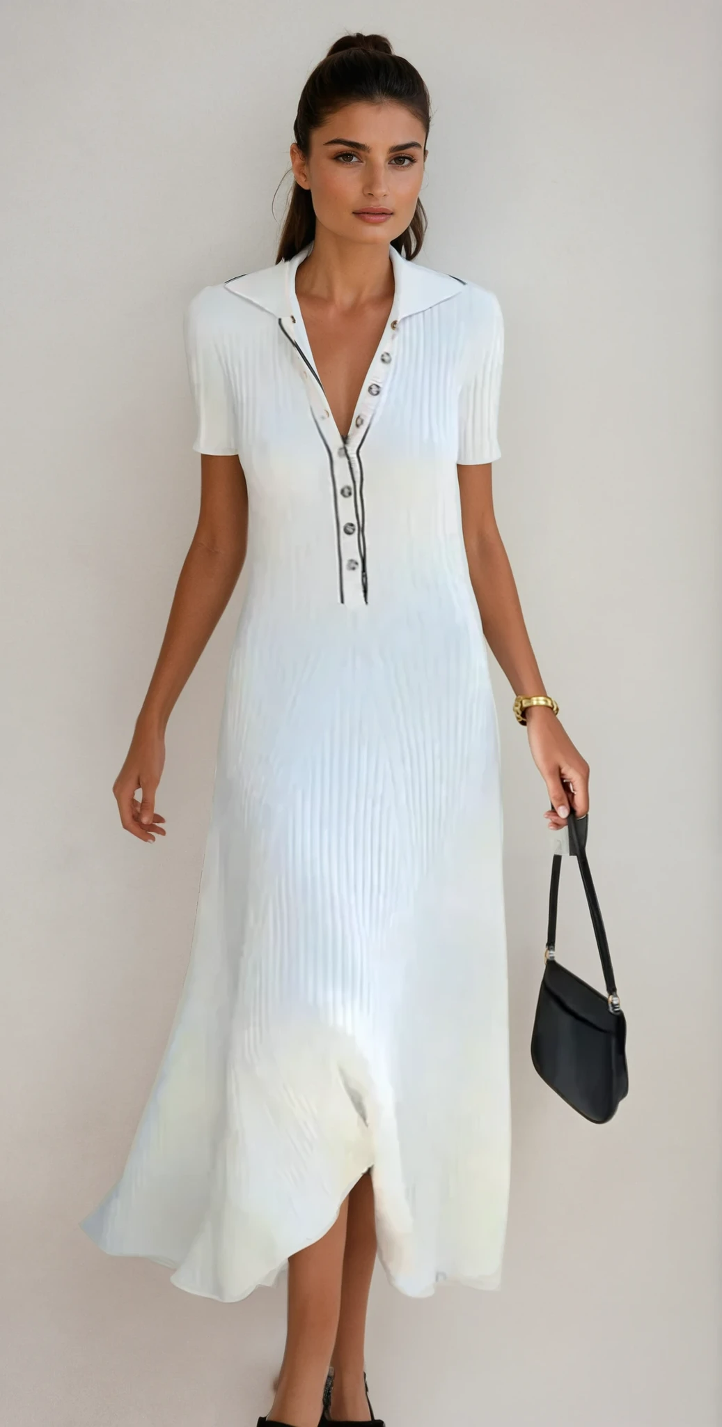 Ribbed knit polo maxi dress with button placket, contrast trim and flared A-line skirt - view 2