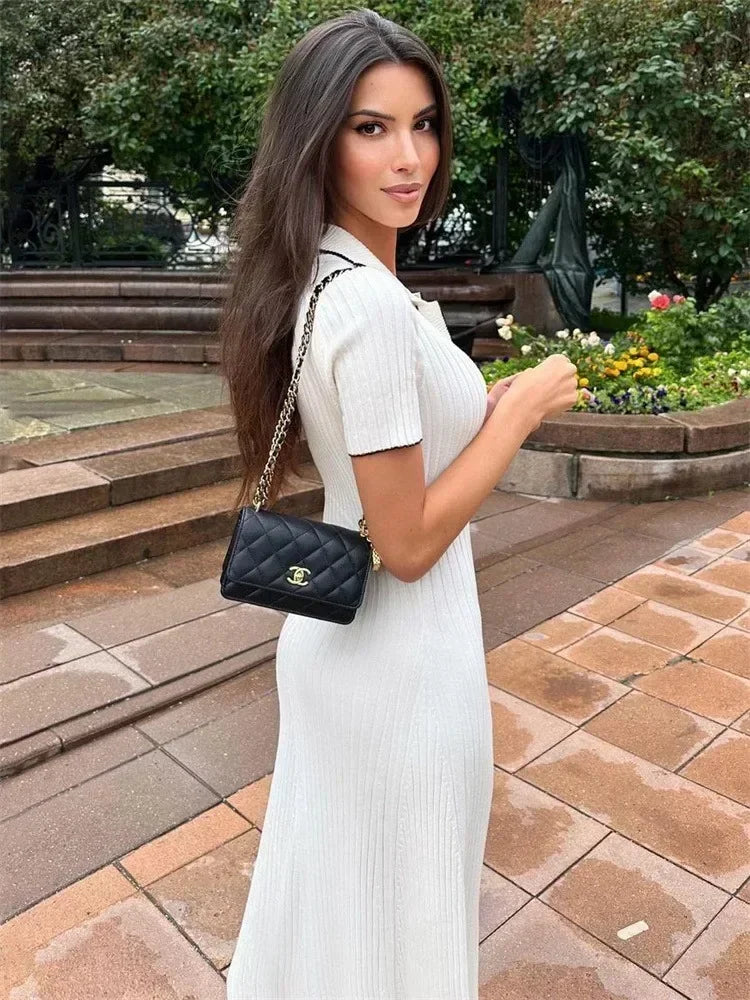 Ribbed knit polo maxi dress with button placket, contrast trim and flared A-line skirt - view 4