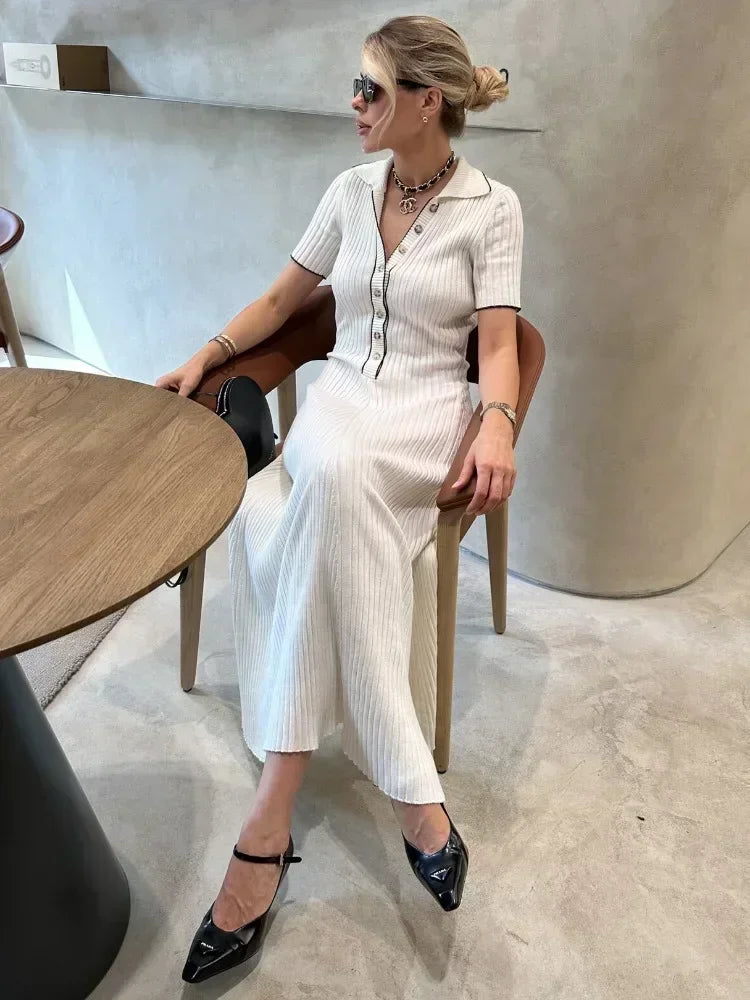 Ribbed knit polo maxi dress with button placket, contrast trim and flared A-line skirt - view 6