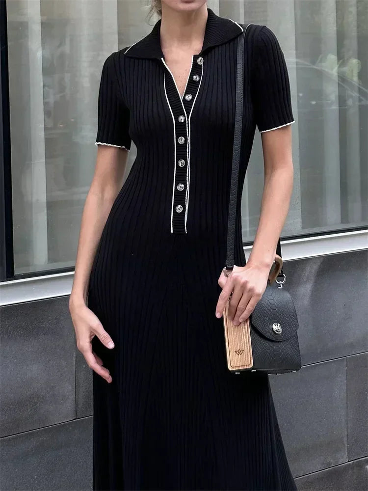 Ribbed knit polo maxi dress with button placket, contrast trim and flared A-line skirt - view 8