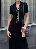 Ribbed knit polo maxi dress with button placket, contrast trim and flared A-line skirt - view 8