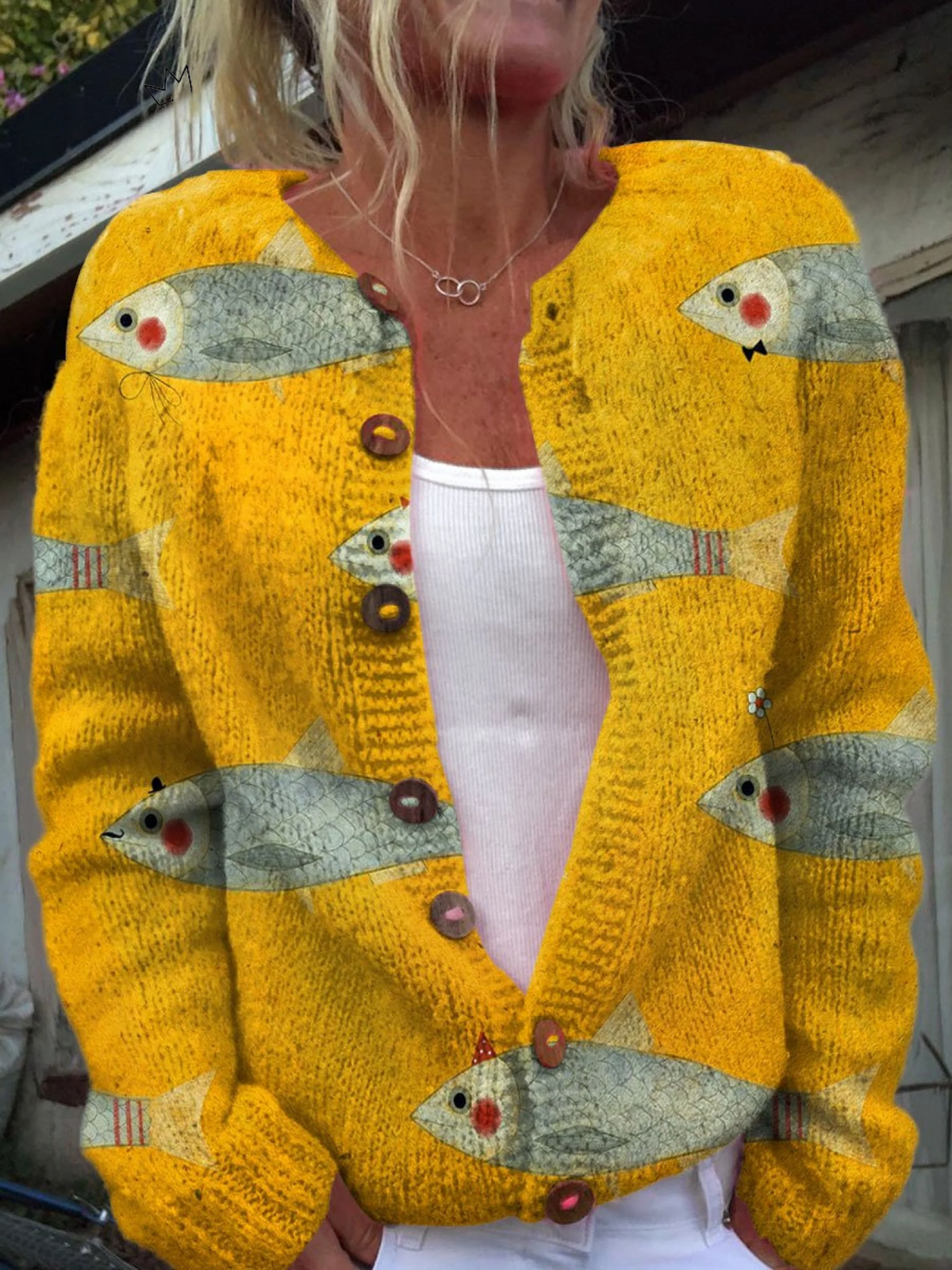 Marina Fish Print Cardigan - front view