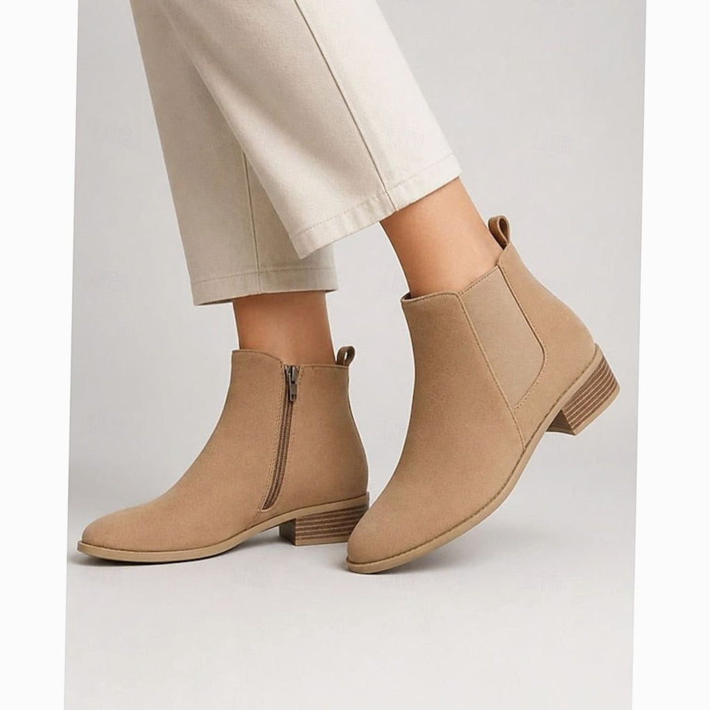 Faux suede block heel ankle boots for women with pointed toe and elastic side panel