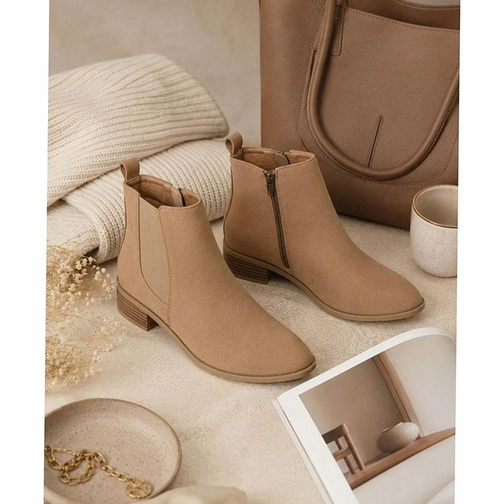Faux suede block heel ankle boots for women with pointed toe and elastic side panel - view 11