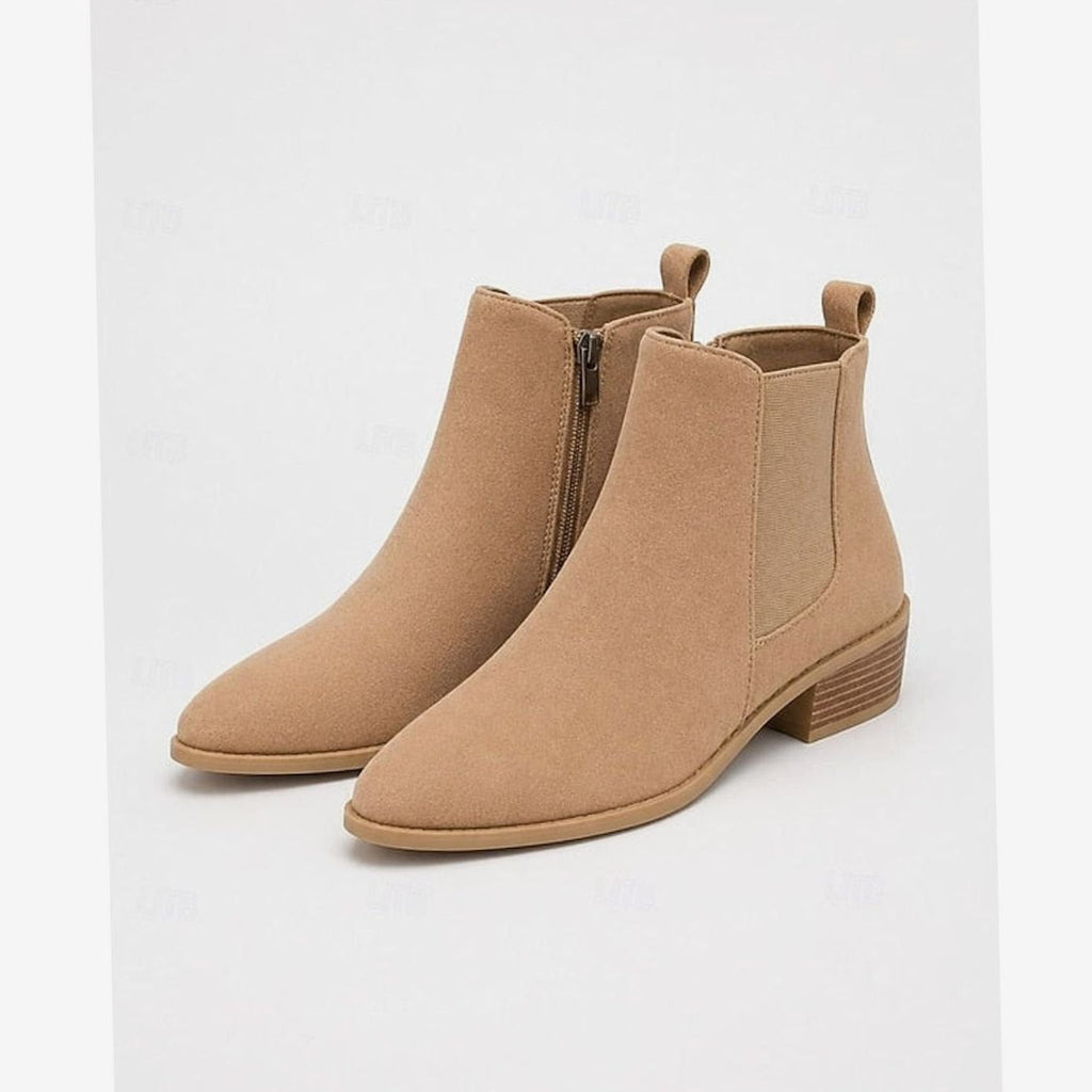 Faux suede block heel ankle boots for women with pointed toe and elastic side panel - view 2