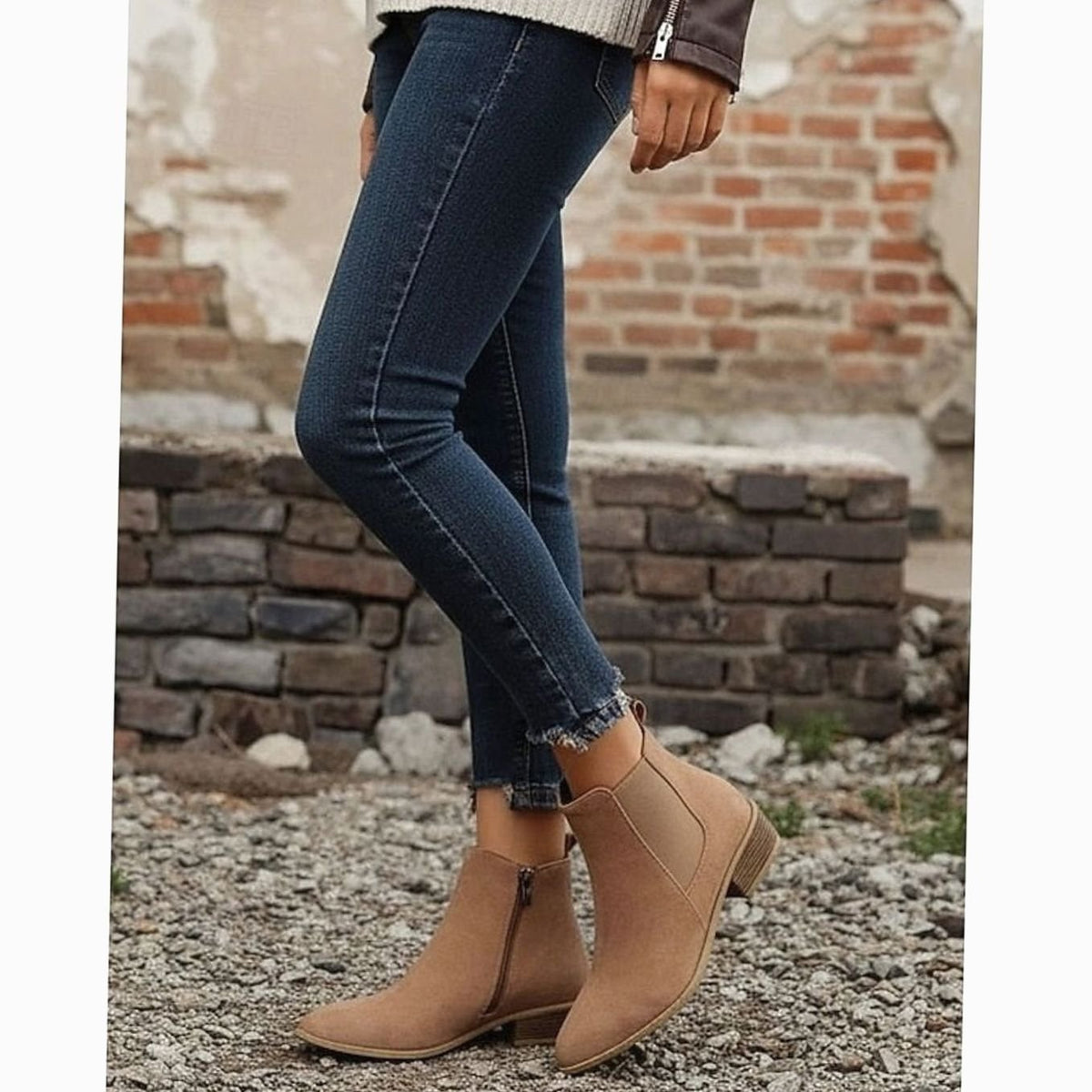 Faux suede block heel ankle boots for women with pointed toe and elastic side panel - view 7