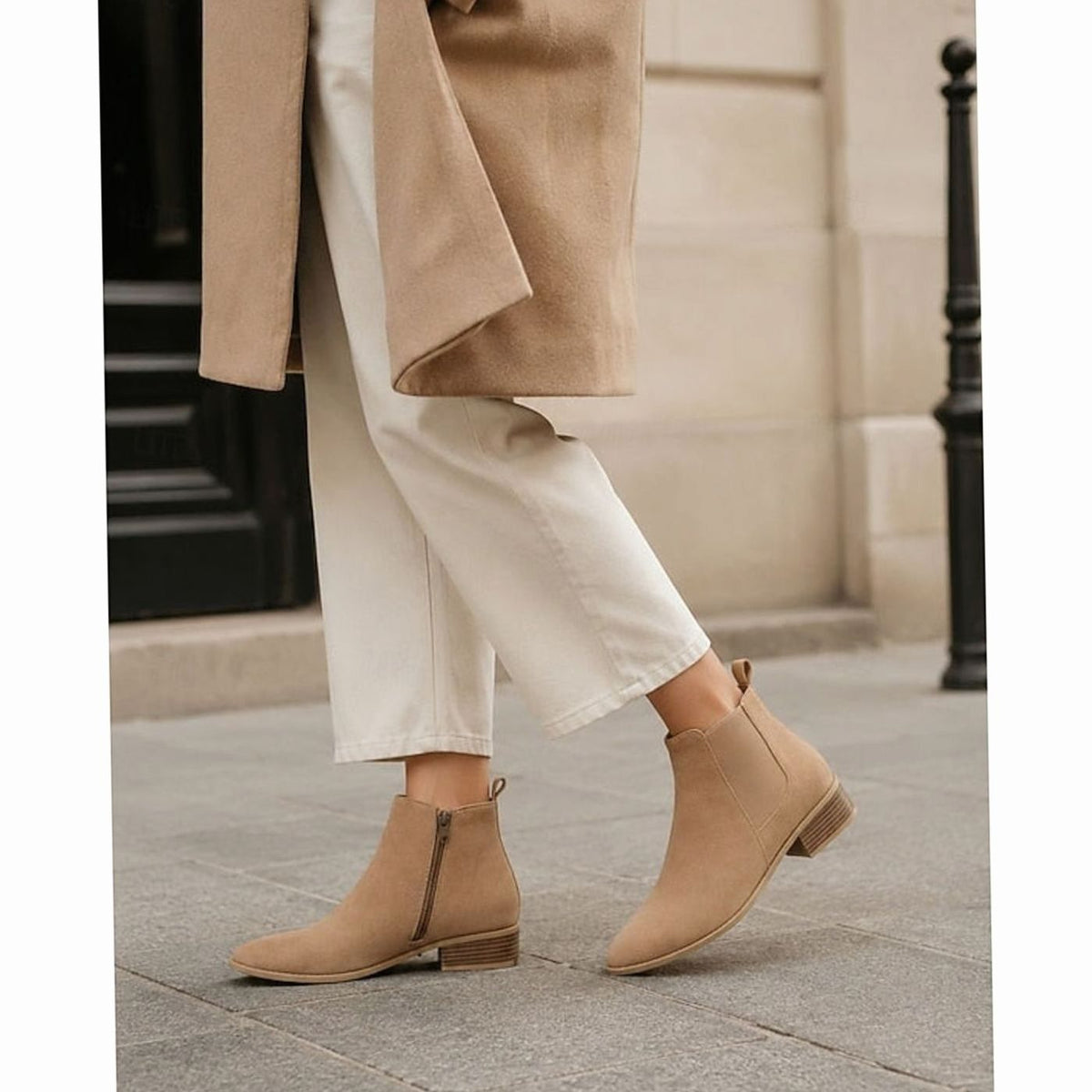Faux suede block heel ankle boots for women with pointed toe and elastic side panel - view 8