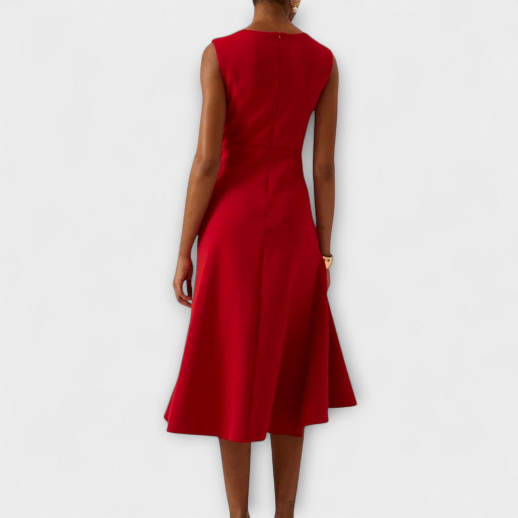Elegant sleeveless formal midi dress with sculpted waist drape and fluted skirt - view 13