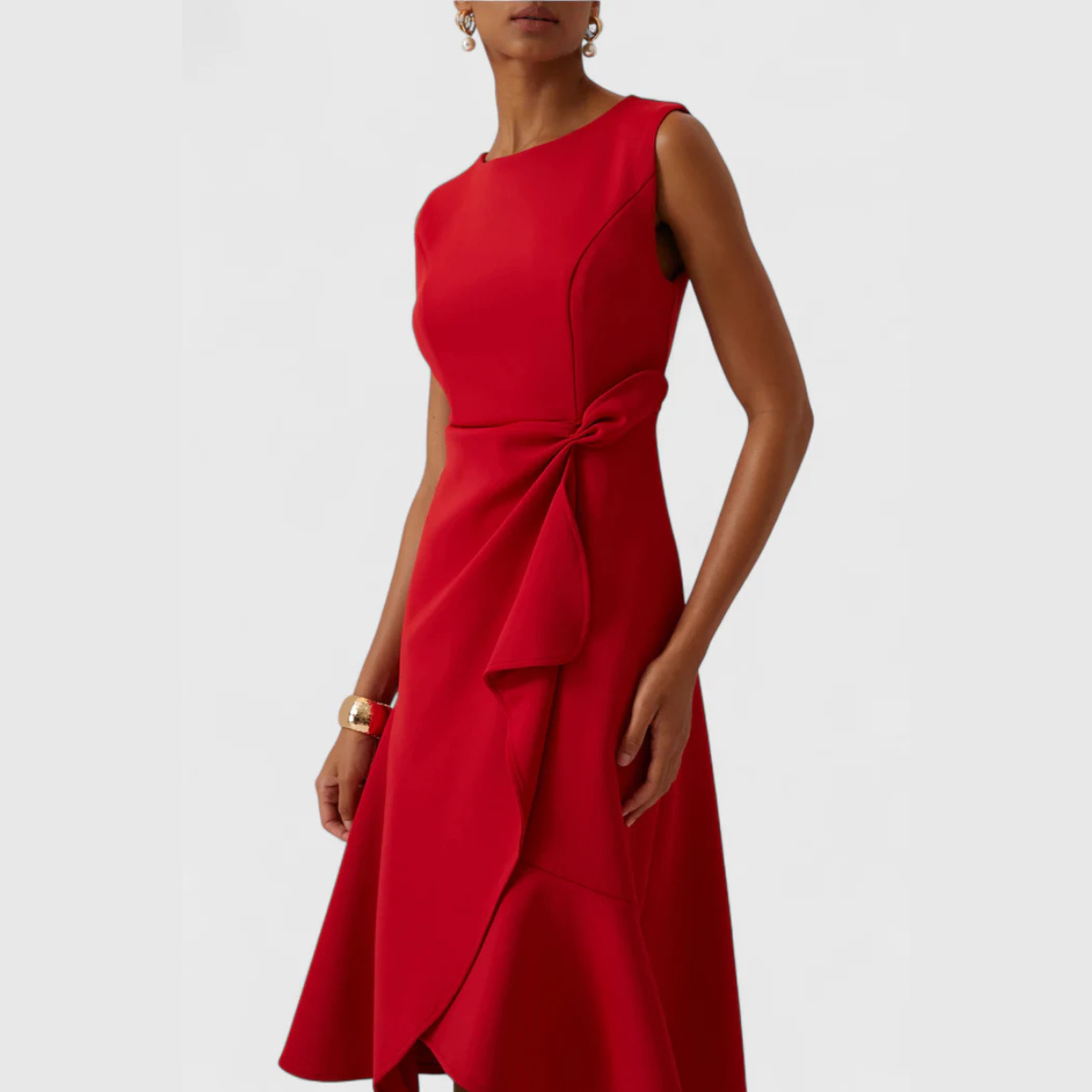 Elegant sleeveless formal midi dress with sculpted waist drape and fluted skirt - view 14