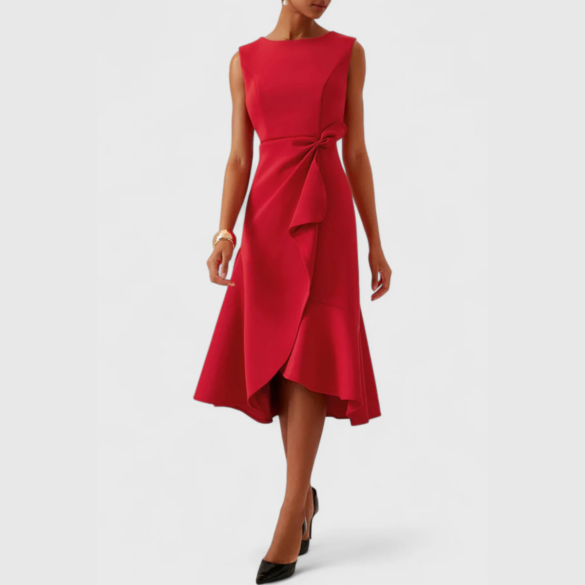 Elegant sleeveless formal midi dress with sculpted waist drape and fluted skirt - view 15