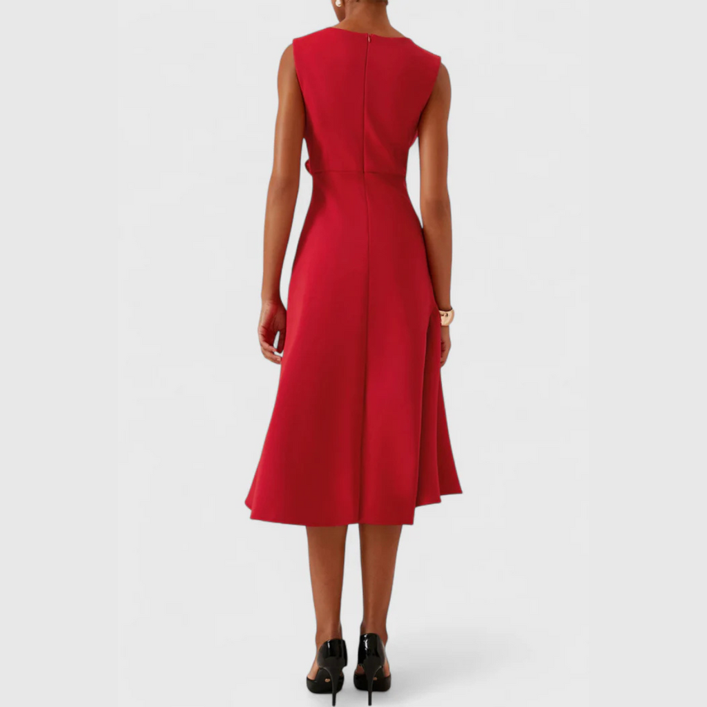 Elegant sleeveless formal midi dress with sculpted waist drape and fluted skirt - view 16
