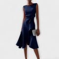 Elegant sleeveless formal midi dress with sculpted waist drape and fluted skirt - view 2