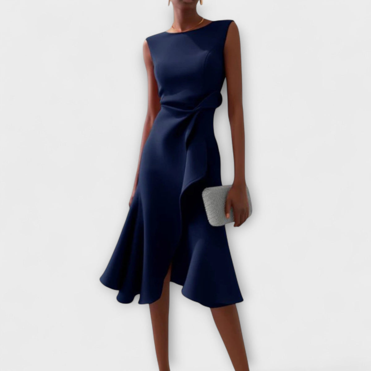 Elegant sleeveless formal midi dress with sculpted waist drape and fluted skirt - view 2