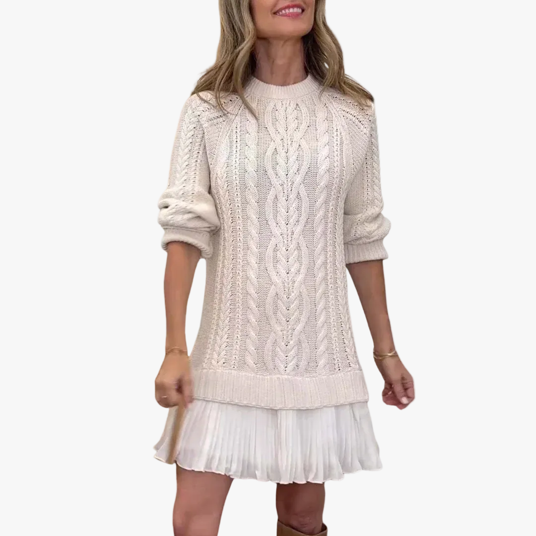 Cable knit crew neck sweater dress with pleated mini hem