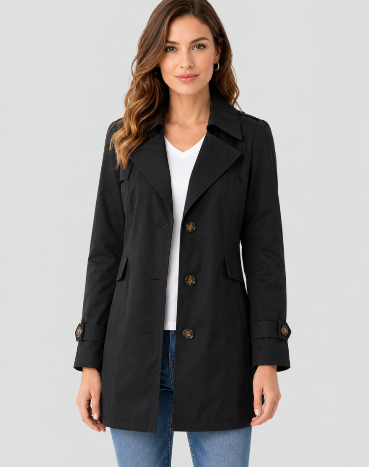 Women's short trench coat with notched lapels and three-button front